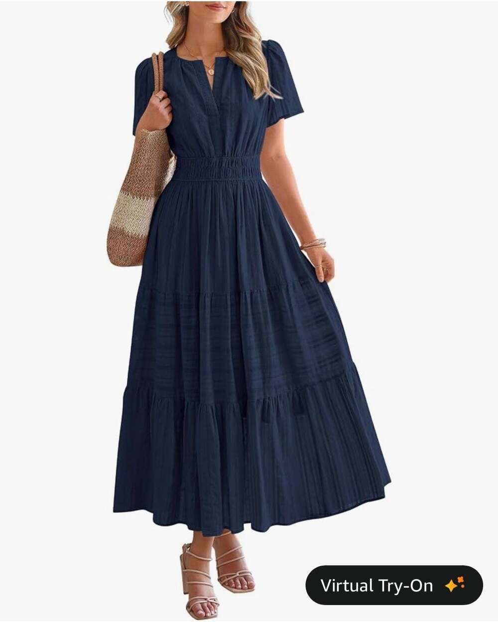 BTFBM Women's Summer Short Sleeve V-Neck Tiered Elastic Waist Maxi Dress